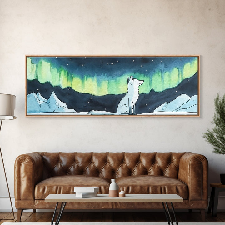 Arctic Fox Under Green Northern Lights Canvas Print, Aurora Borealis Wall Decor, Winter Nursery Art, Celestial Nature Gift