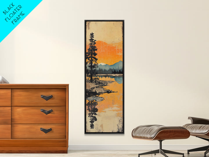Orange Mountain Lake Reflection Canvas Print, Japanese Landscape Wall Art, Pine Forest Decor, Serene Sunset Living Room Art