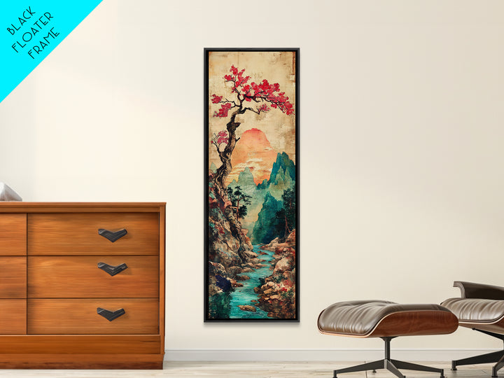 Cherry Blossom Mountain River Canvas Print, Japanese Landscape Wall Art, Teal Nature Decor, Romantic Spring Home Decor Print