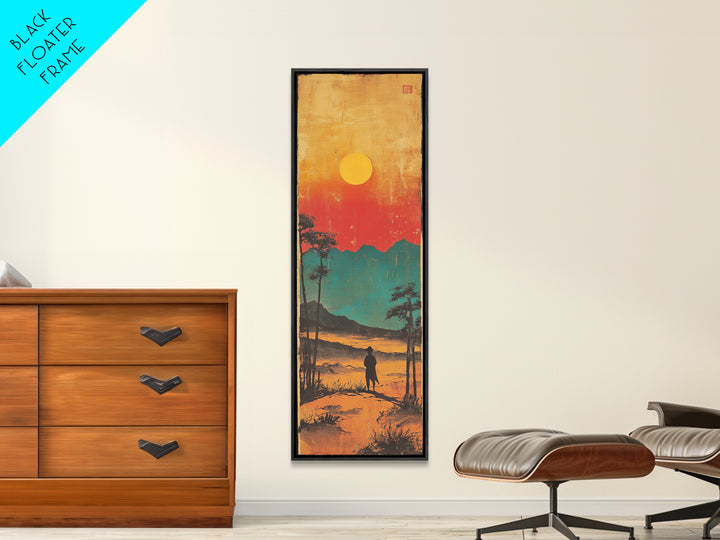 Lone Figure At Sunset Mountain Lake Framed Canvas Print, Japanese Landscape Wall Art, Moody Nature Decor, Vertical Poster