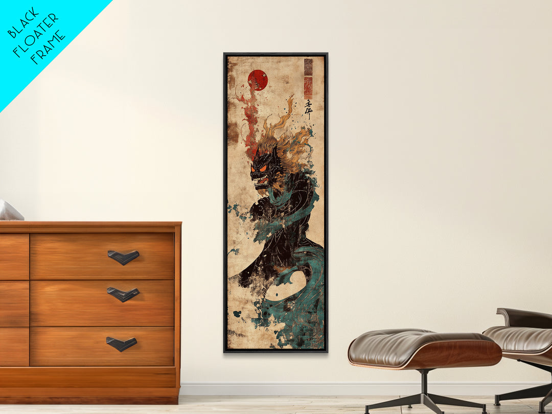Dark Japanese Dragon With Red Sun Canvas Print, Mythical Fantasy Wall Art, Asian Warrior Decor, Gothic Statement Poster Art
