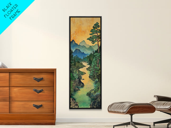 Turquoise River Mountain Landscape Wall Art, Japanese Nature Print, Rustic Cabin Decor, Large Canvas Wall Art For Living Room