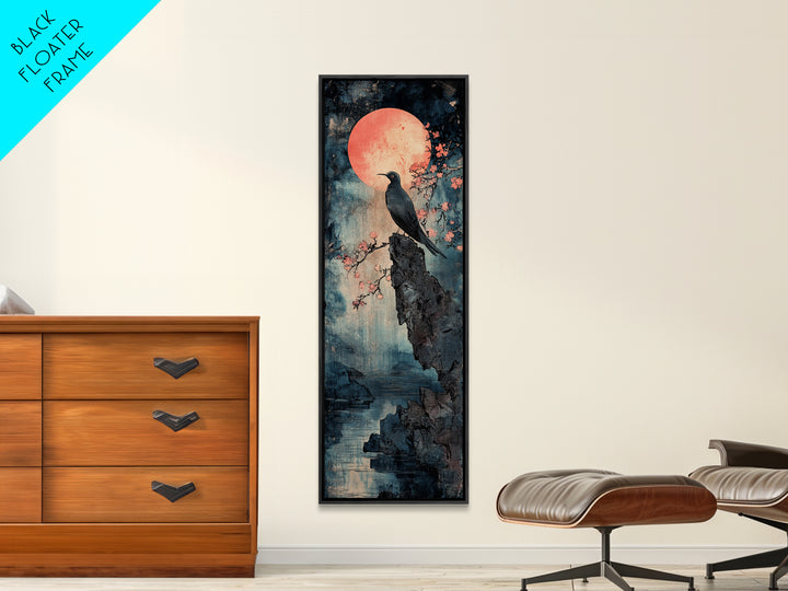 Black Bird By Pink Moon, Japanese Seascape Wall Art, Cherry Blossom Print, Moody Coastal Decor, Large Canvas Wall Art For Living Room