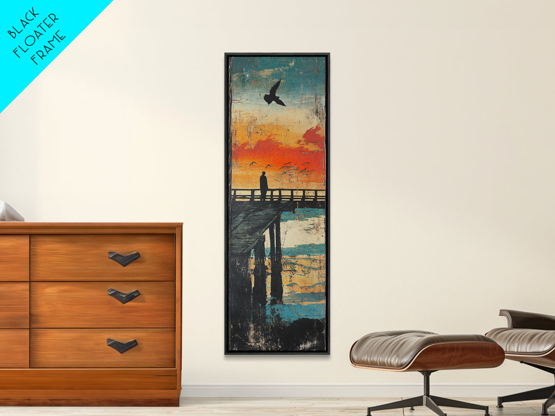 Sunset Pier Silhouette Framed Canvas Print, Coastal Wall Art, Ocean Landscape Art, Seaside Wall Decor, Living Room Decor