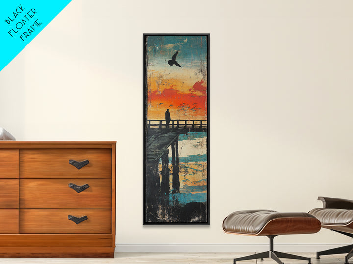 Sunset Pier Silhouette Framed Canvas Print, Coastal Wall Art, Ocean Landscape Art, Seaside Wall Decor, Living Room Decor