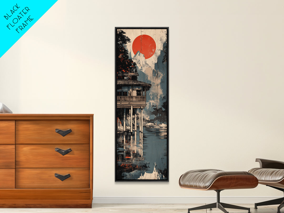 Mountain Lake Cabin Canvas Print, Japanese Wall Art, Japandi Wall Decor, Serene Landscape Art, Modern Coastal Home Decor