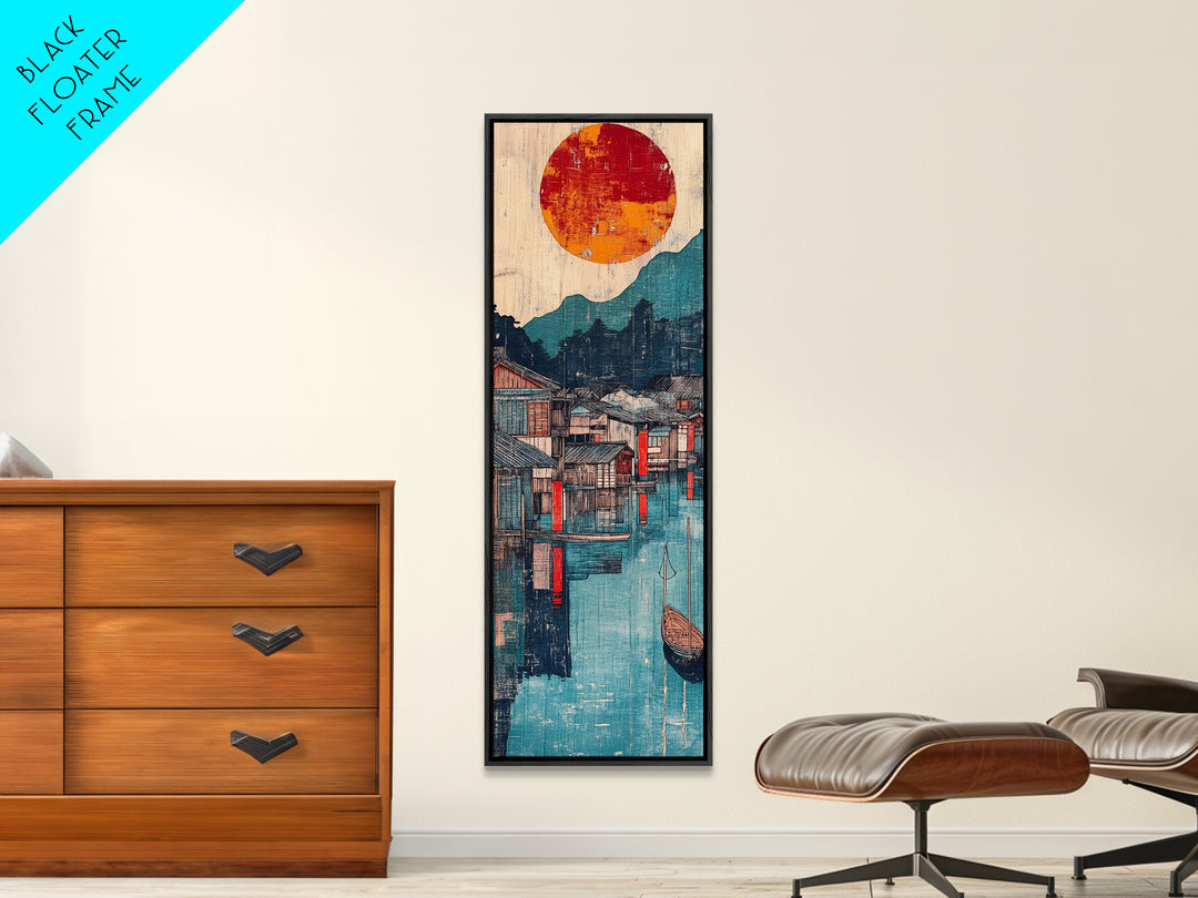 Harbor Village At Sunset Framed Canvas Print, Japanese Wall Art, Mountain Lake Decor, Asian Landscape Print, Coastal Home Decor
