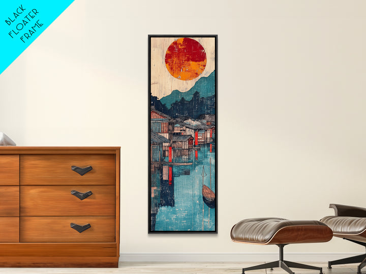 Harbor Village At Sunset Framed Canvas Print, Japanese Wall Art, Mountain Lake Decor, Asian Landscape Print, Coastal Home Decor