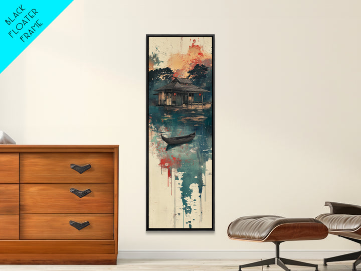 Floating Lake House Canvas Print, Misty Japanese Wall Art, Serene Boat Landscape, Japandi Decor, Peaceful Coastal Wall Decor