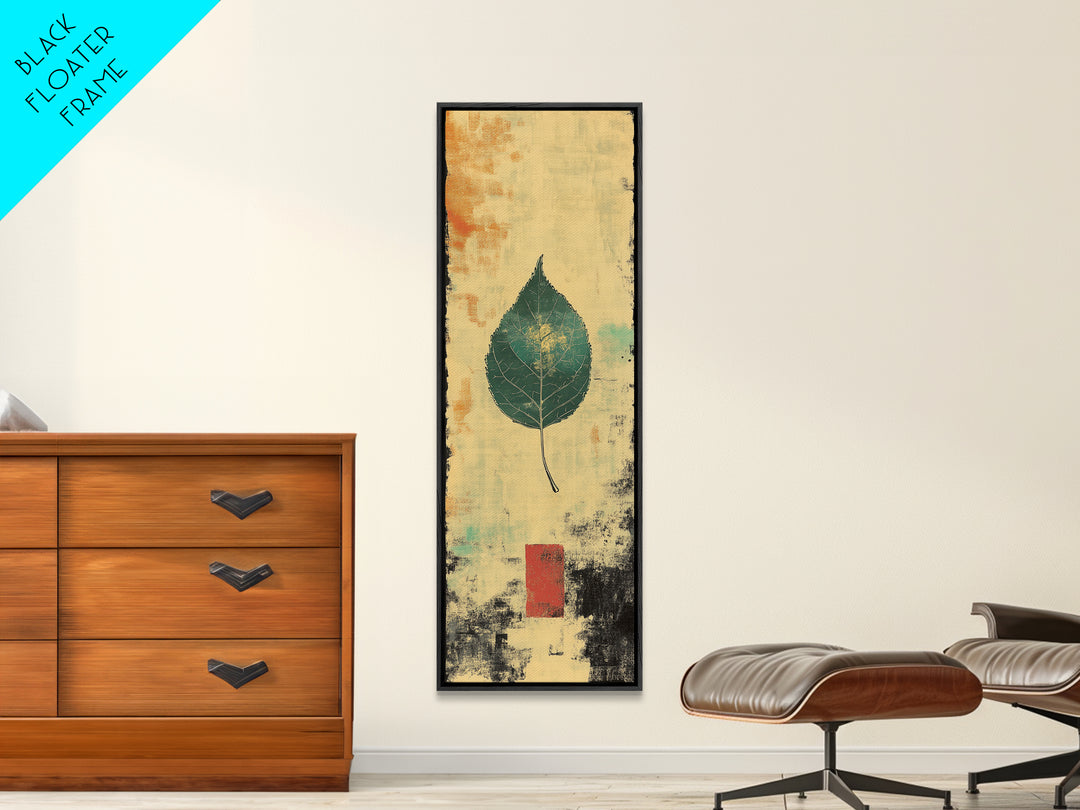 Green Botanical Leaf Wall Art, Japanese Wabi Sabi Nature Print, Minimalist Organic Modern Decor, Vertical Canvas Print For Home