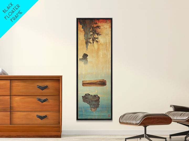 Floating Log And Stone Canvas Print, Japanese Zen Landscape Wall Art, Rustic Wabi Sabi Decor For Serene Living Room Decor