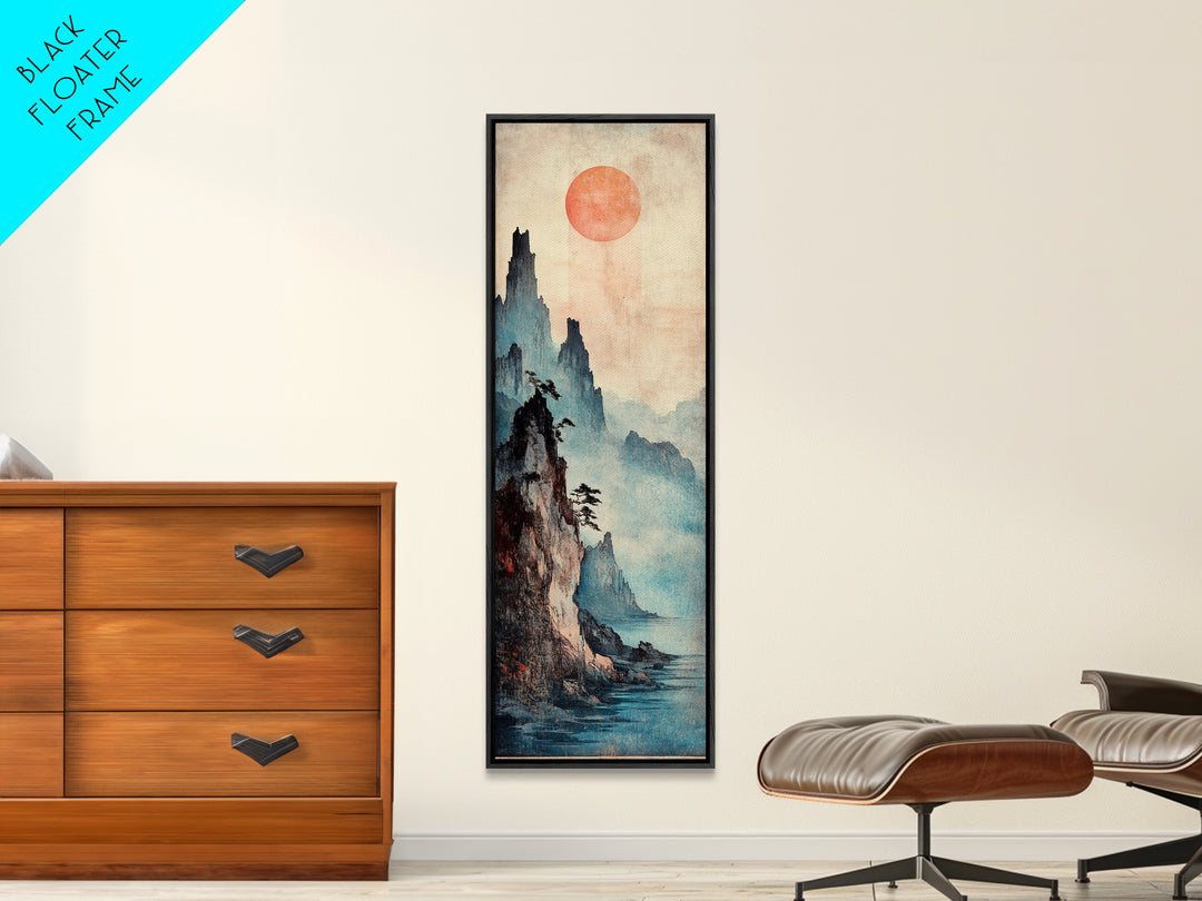 Red Sun Misty Mountain Wall Art, Japanese Landscape Canvas Print, Moody Asian Decor, Serene Nature Art For Living Room Decor