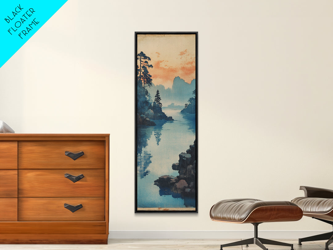 Blue Lake And Pine Forest Wall Art, Japanese Landscape Canvas Print, Serene Coastal Nature Decor For Living Room Above Sofa Decor