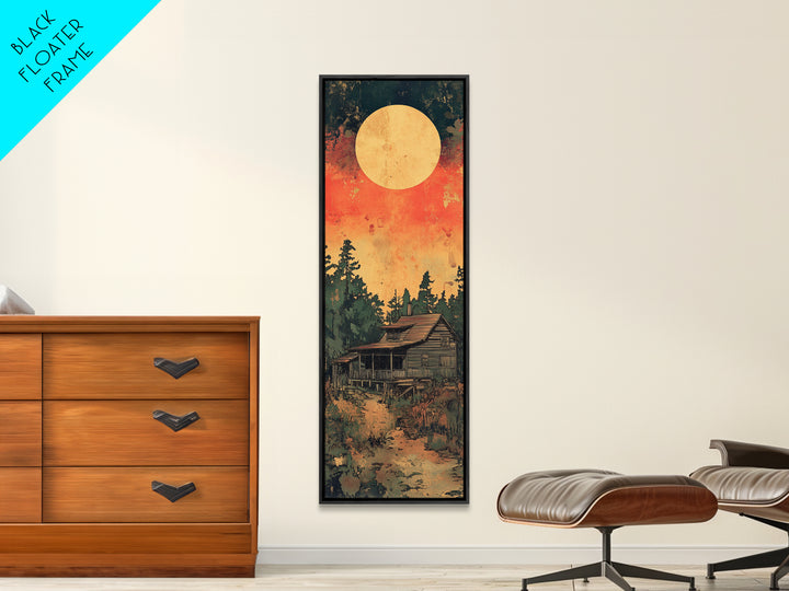 Rustic Cabin Moon Canvas Print, Japanese Forest Wall Art, Orange Sunset Landscape Decor For Cozy Cabin Living Room Wall Decor