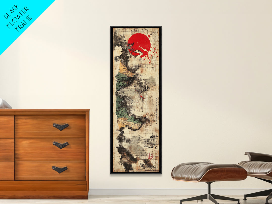 Abstract Sumi Ink Red Sun Wall Art, Japanese Minimalist Canvas Print, Wabi Sabi Decor, Modern Zen Office Wall Decor For Entryway