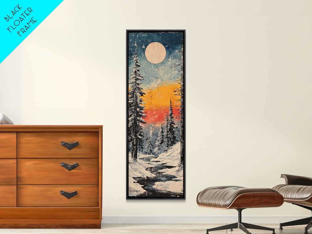 Snowy Pine Forest Moonrise Wall Art, Winter Landscape Canvas Print, Cozy Cabin Decor, Japandi Nature Art For Living Room