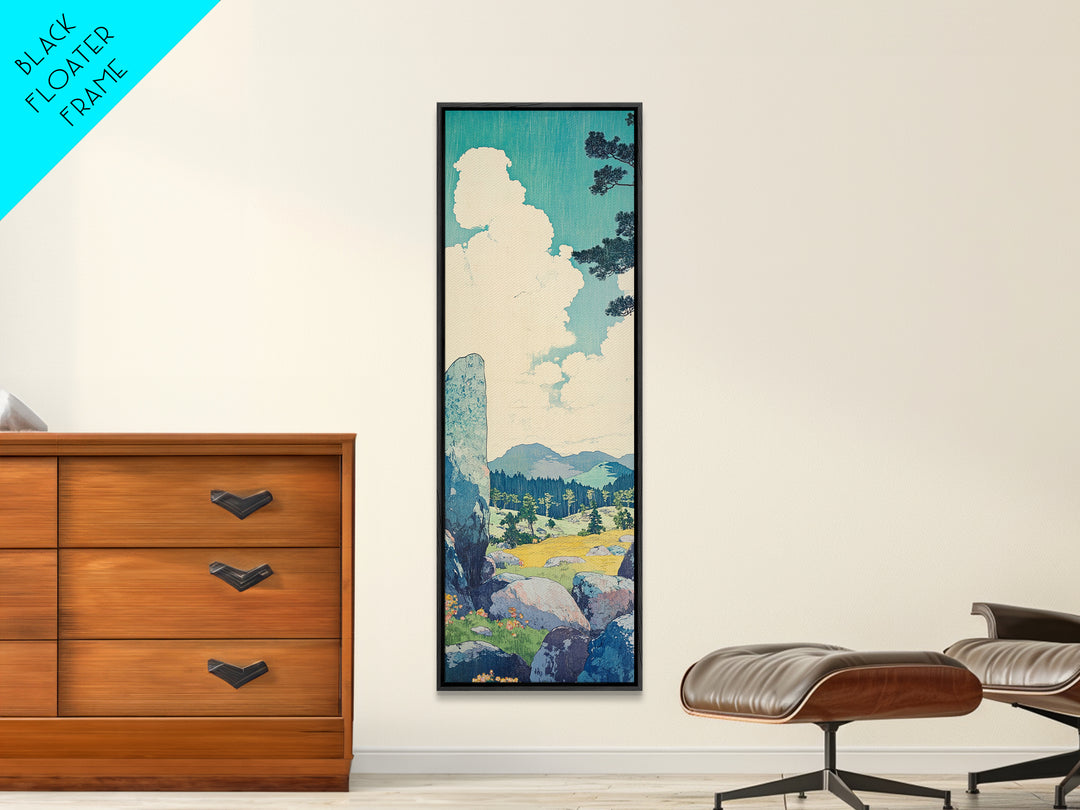 Blue Sky Cloud Meadow And Stone Wall Art, Japanese Landscape Canvas Print, Minimalist Nature Art, Serene Decor, Japandi Print