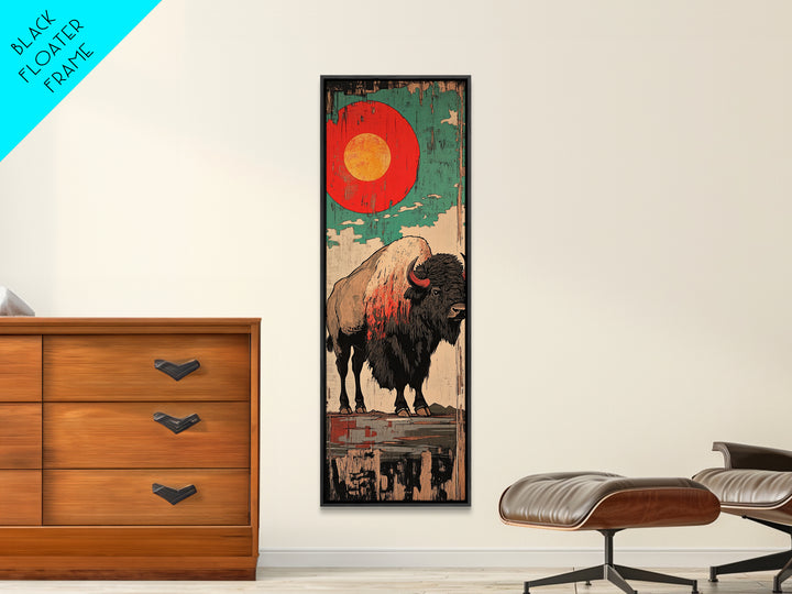 Red Sun Bison Wall Art, Bold Western Buffalo Canvas Print, Rustic Lodge Decor, Teal Desert Artwork, Housewarming Gift, Man Cave Decor