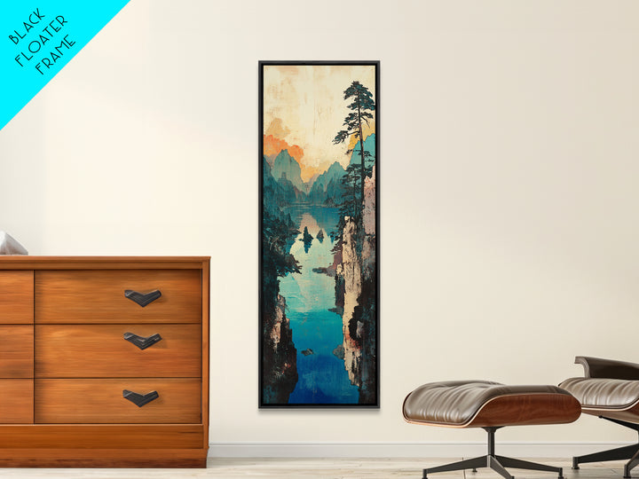 Turquoise Mountain Gorge Wall Art, Serene Lake Landscape Canvas Print, Japandi Nature Decor, Large Living Room Wall Art Print