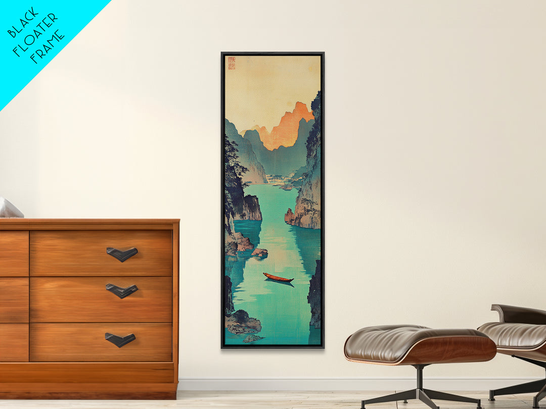 Red Boat Canyon Wall Art, Turquoise River Landscape Framed Canvas Print, Japanese Coastal Decor, Serene Nature Art For Living Room