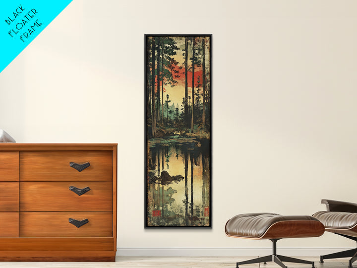 Sunset Pine Forest Wall Art, Reflective Woodland Stream Canvas Print, Rustic Cabin Decor, Moody Nature Landscape Art, Gift For Her