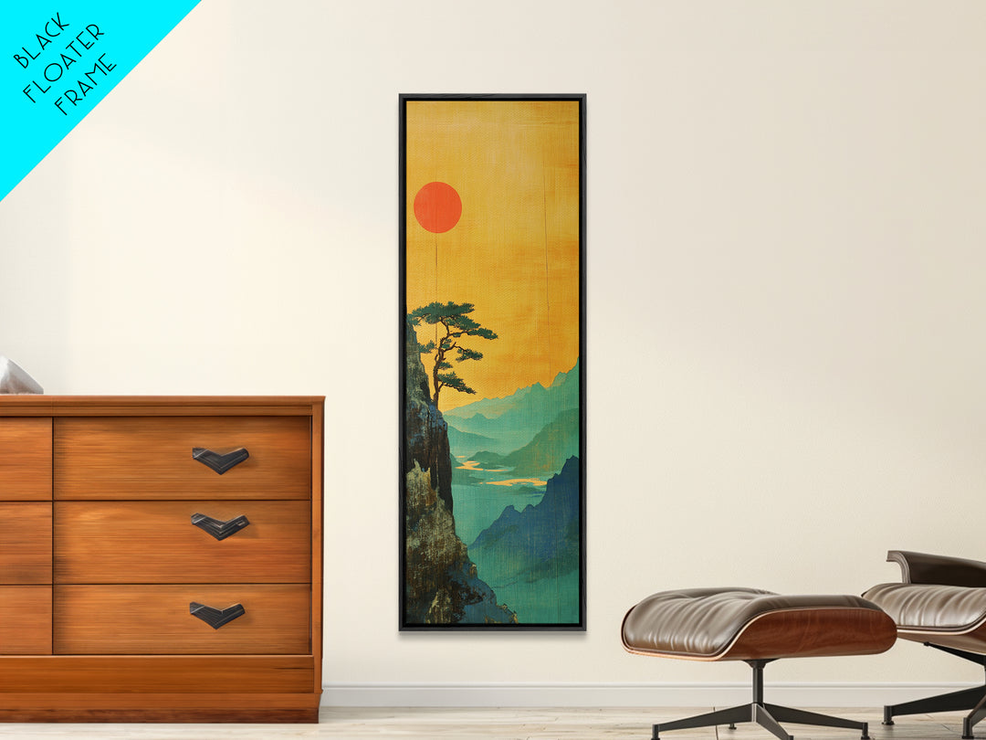 Orange Sun Cliff Pine Mountain Wall Art, Japanese Landscape Canvas Print, Japandi Home Decor, Long Narrow Wall Decor Gift
