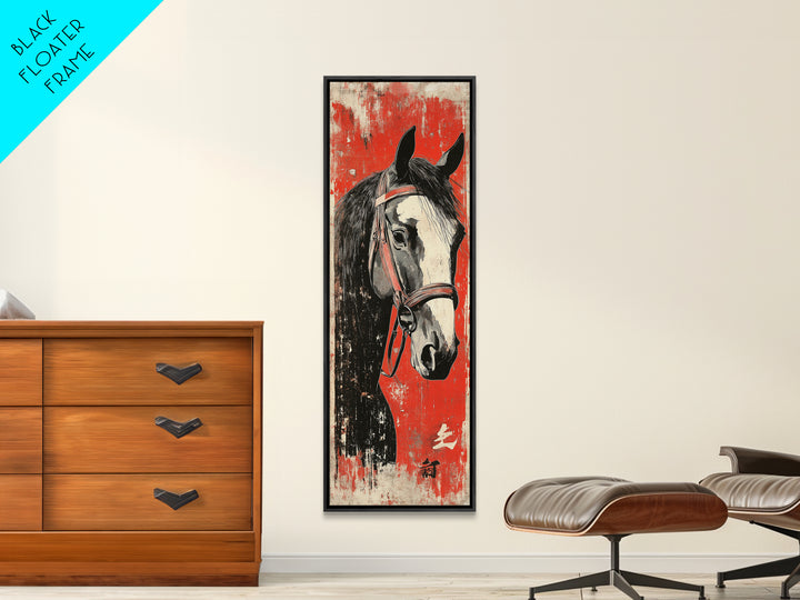 Black And White Horse Portrait Wall Art, Japanese Equestrian Canvas Print, Western Horse Decor, Long Narrow Wall Decor Gift