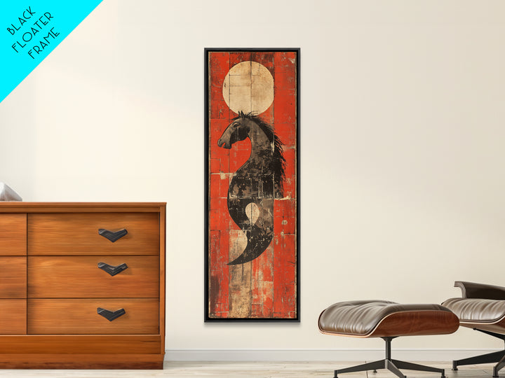 Black Horse Yin Yang Red Canvas Print, Japanese Equestrian Wall Art, Western Modern Decor, Long Narrow Wall Decor Gift For Him