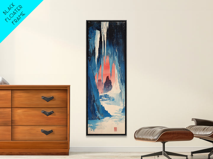 Blue Ice Cave Figure Canvas Print, Japanese Fantasy Wall Art, Moody Winter Landscape Decor, Long Narrow Wall Decor Gift For Her