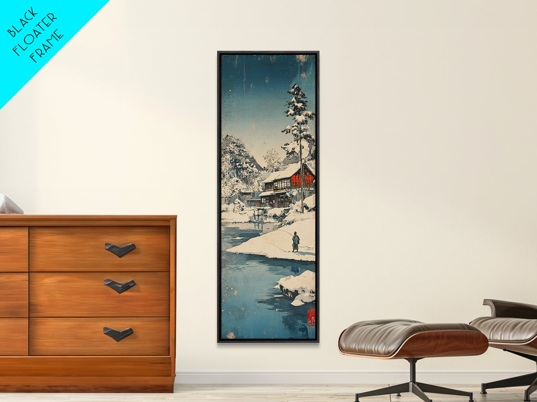 Snowy Japanese Cabin River Wall Art, Winter Landscape Canvas Print, Japandi Home Decor, Long Narrow Wall Decor Gift For Him