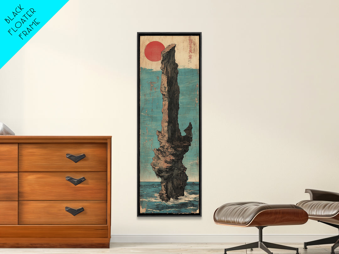 Red Sun Sea Stack Wall Art, Japanese Coastal Canvas Print, Dramatic Ocean Rock Landscape Print, Japandi Living Room Decor