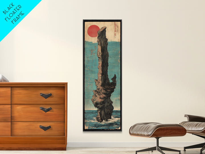 Red Sun Sea Stack Wall Art, Japanese Coastal Canvas Print, Dramatic Ocean Rock Landscape Print, Japandi Living Room Decor