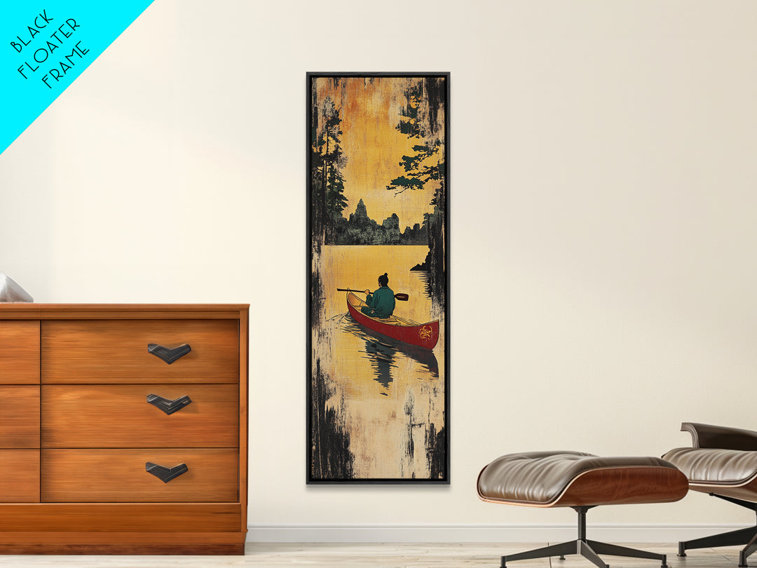 Golden Sunset Canoe Lake Wall Art, Rustic Cabin Canvas Print, Forest Landscape Decor, Peaceful Nature Art For Living Room