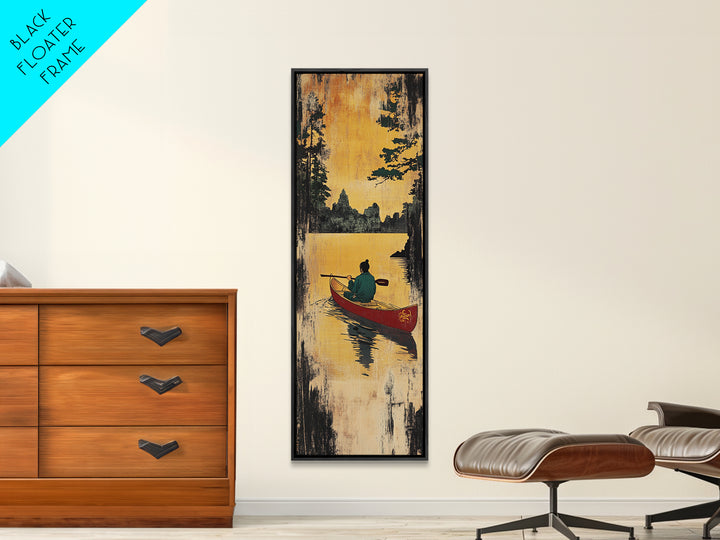 Golden Sunset Canoe Lake Wall Art, Rustic Cabin Canvas Print, Forest Landscape Decor, Peaceful Nature Art For Living Room