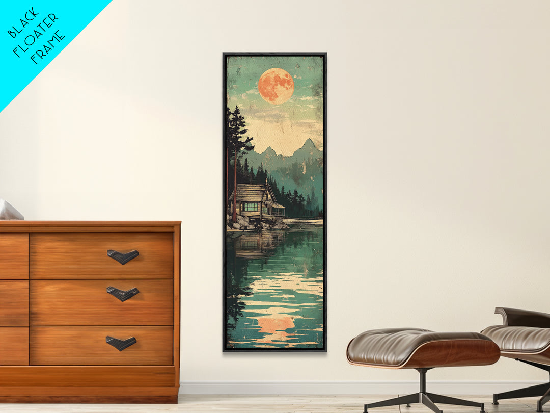 Full Moon Cabin Beside Green Lake Wall Art, Japanese Landscape Print, Cozy Rustic Decor, Long Narrow Mountain Lake Canvas Art