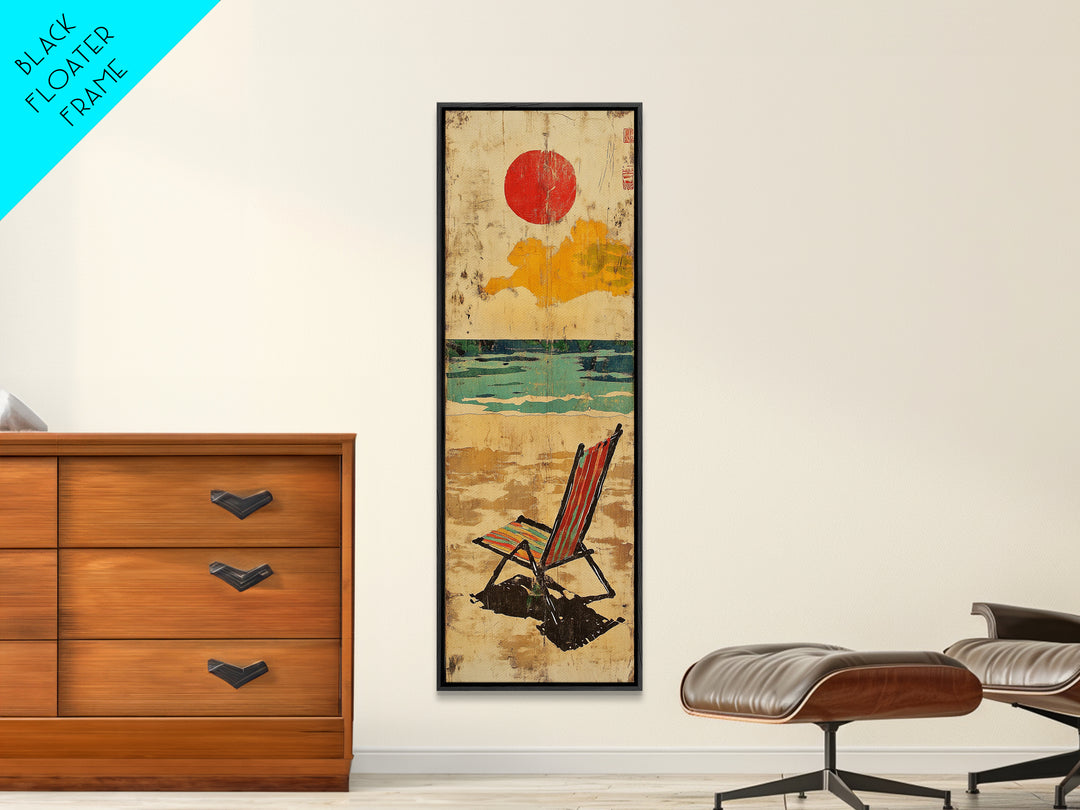 Striped Beach Chair Under Red Sun Canvas Print, Coastal Wall Art, Beach House Decor, Summer Ocean Print, Gift For Her, Home Decor