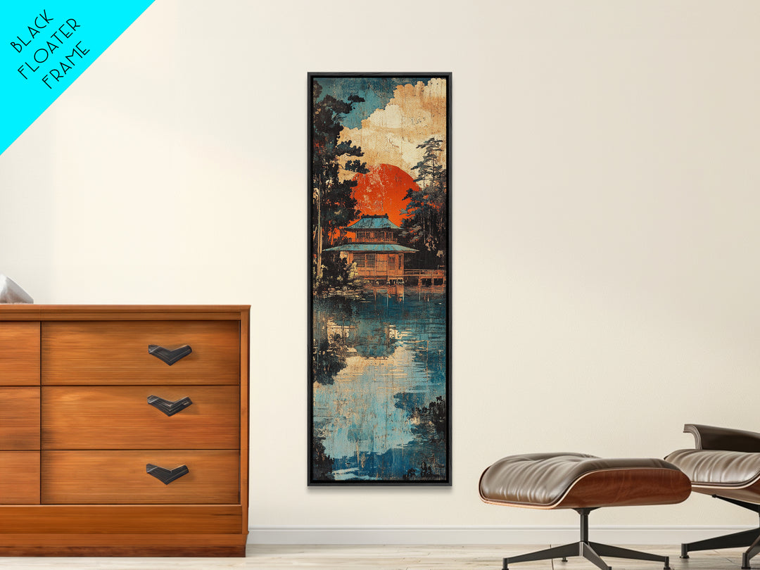 Japanese Lakeside Temple At Sunset Framed Canvas Print, Japandi Wall Art, Asian Landscape, Zen Home Decor, Housewarming Gift