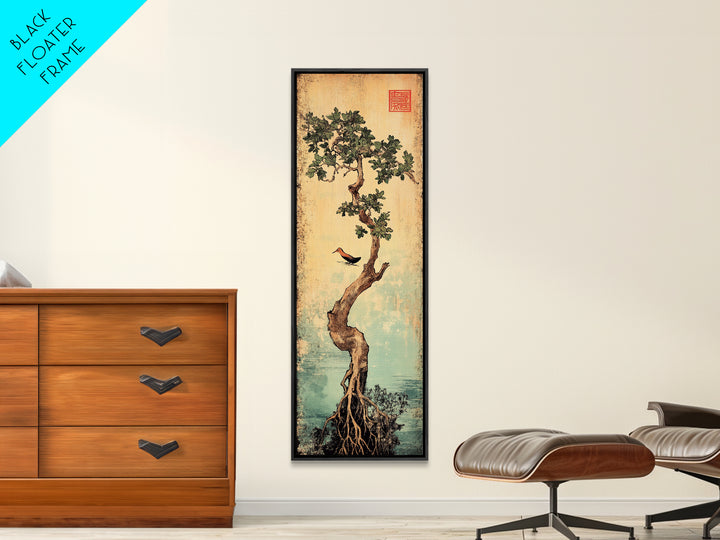 Bonsai Tree With Exposed Roots Wall Art, Japanese Botanical Canvas Print, Zen Nature Decor, Bird Wall Art, Wabi Sabi Decor