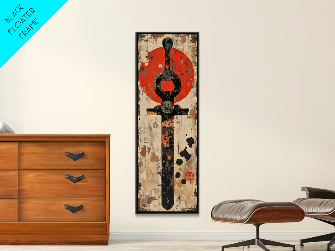 Rustic Samurai Sword With Red Sun Canvas Print, Japanese Wall Art, Martial Arts Decor, Masculine Office Wall Decor, Gift For Him