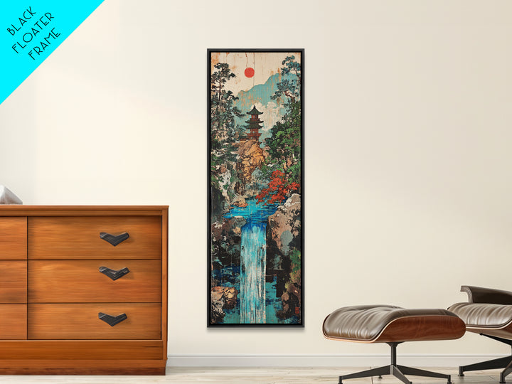 Pagoda Waterfall In Misty Mountain Forest Framed Canvas Print, Japanese Wall Art, Zen Decor, Japandi Landscape, Living Room Art