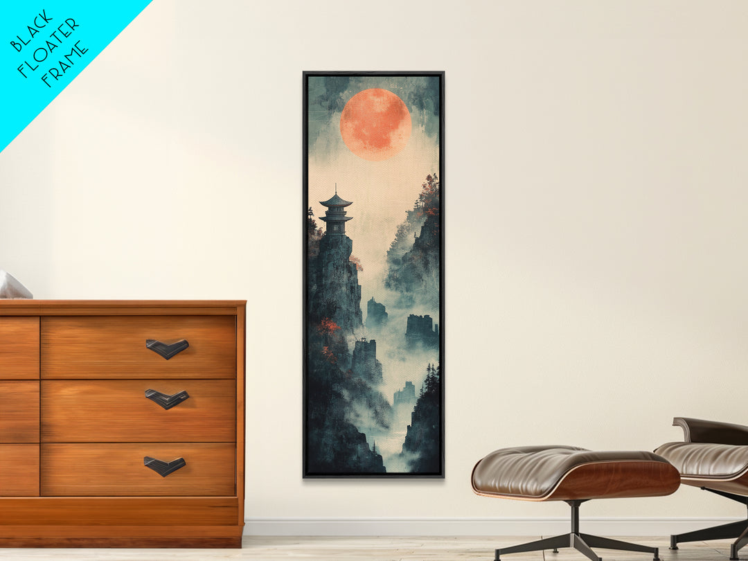 Misty Pagoda Cliffs Under Coral Moon Framed Canvas Print, Japanese Wall Art, Zen Landscape Decor, Moody Wall Decor, Gift For Her
