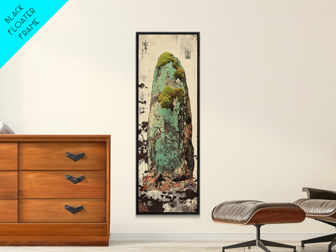 Mossy Zen Stone Monolith Wall Art, Japanese Wabi Sabi Landscape Print, Tall Narrow Canvas For Meditation Room Decor Gift
