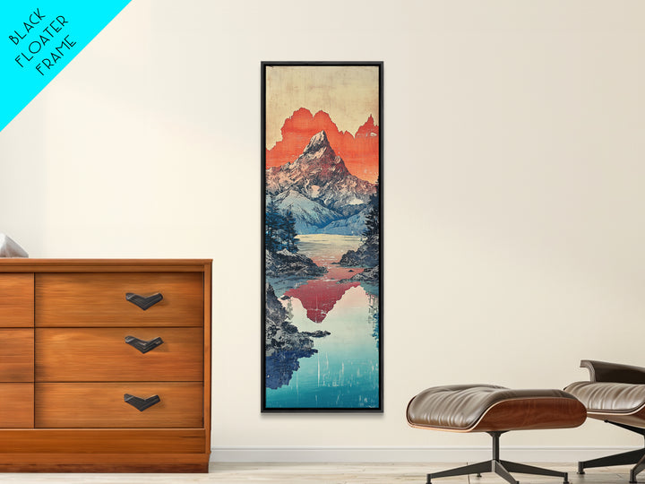 Snowy Mountain Lake Reflection Wall Art, Japanese Woodblock Landscape Print, Blue Teal Canvas For Cabin Living Room Decor