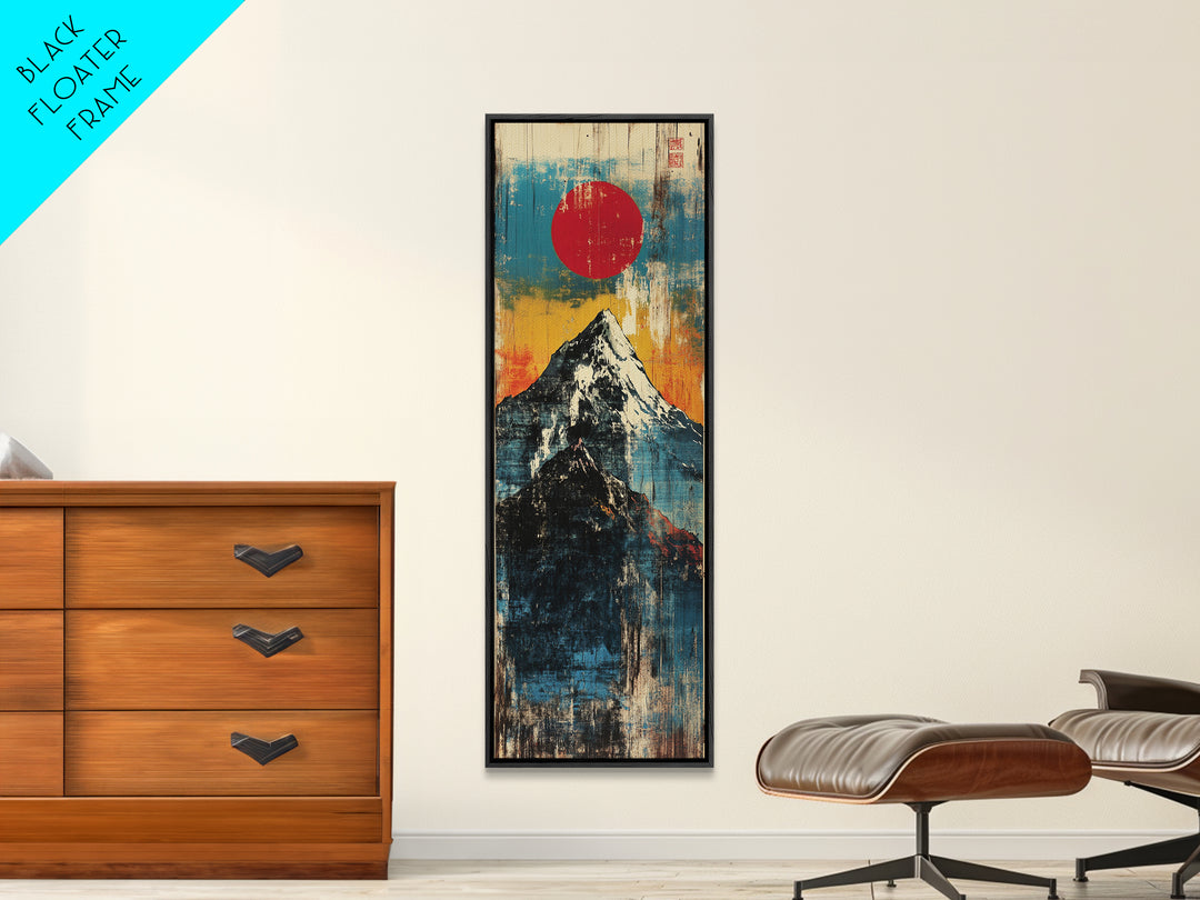 Red Sun Snowy Fuji Mountain Wall Art, Japanese Woodblock Landscape Print, Blue Abstract Canvas For Modern Japandi Decor Gift