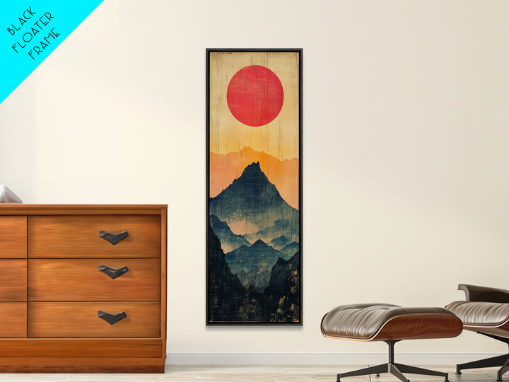 Red Sun Layered Mountain Silhouette Wall Art, Minimalist Japanese Landscape Print, Tall Narrow Canvas For Zen Home Decor