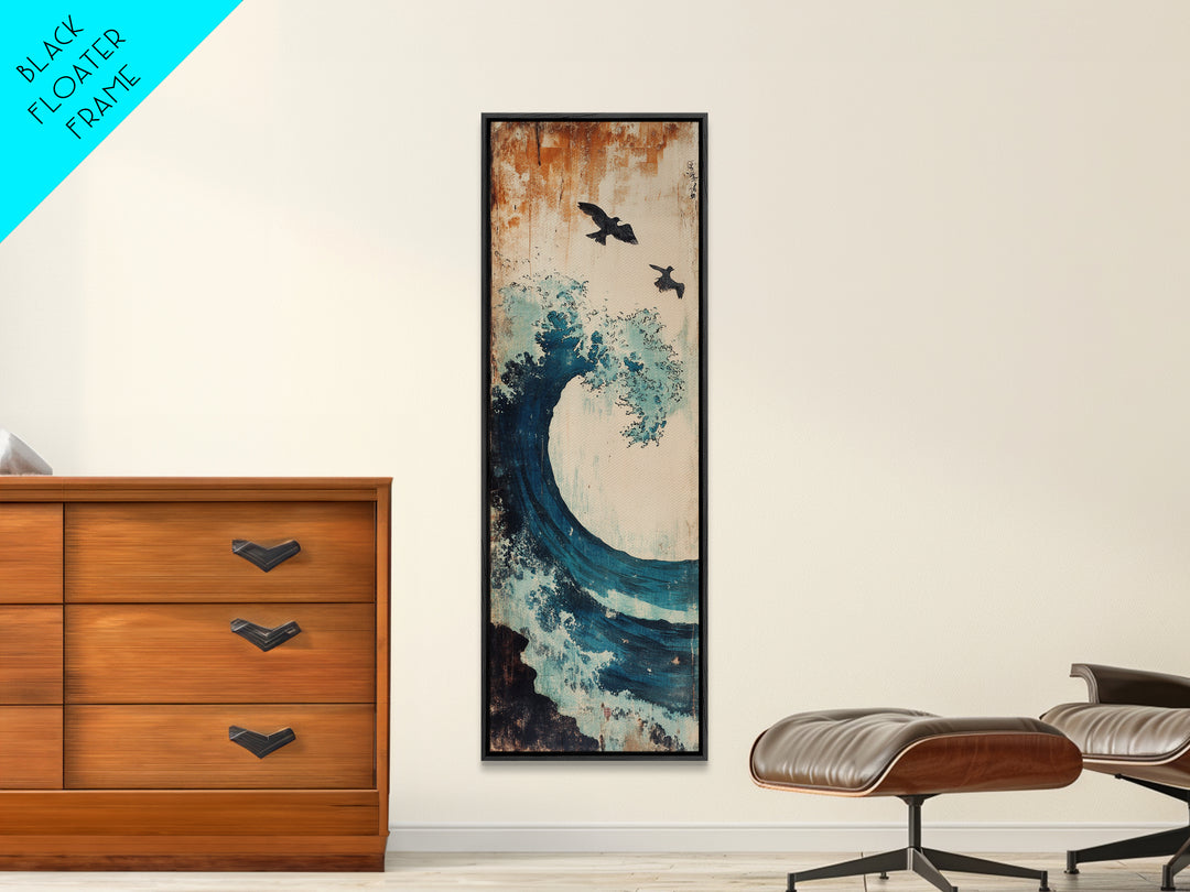 Teal Ocean Wave With Flying Birds Wall Art, Japanese Coastal Print For Bathroom Decor, Beach House Decor, And Gallery Wall