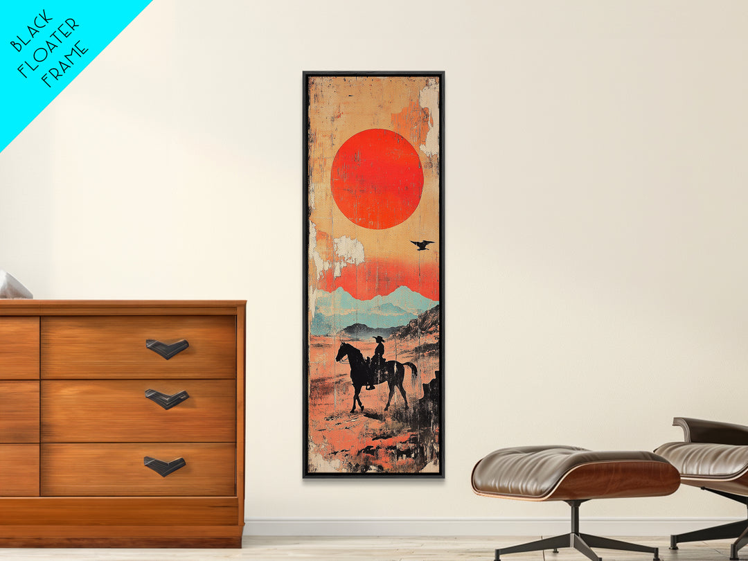 Horse Rider Under Red Sun Wall Art, Western Desert Landscape Canvas Print, Japanese Inspired Southwestern Living Room Home Decor