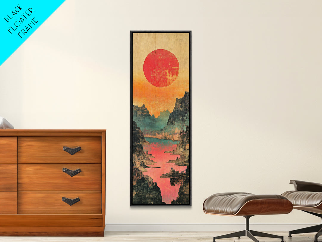 Red Sun Mountain River Valley Wall Art, Japanese Inspired Landscape Canvas Print, Teal Coral Nature Decor For Living Room