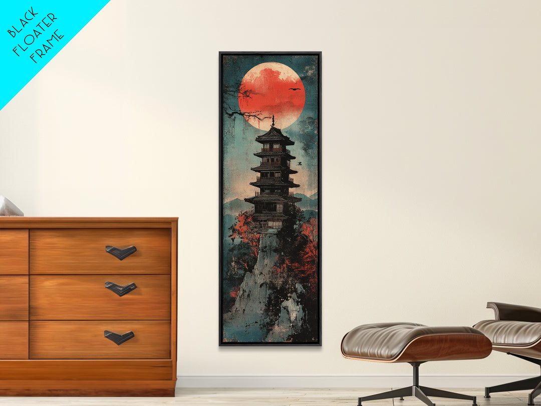 Red Sun Pagoda On Misty Mountain Wall Art, Japanese Landscape Canvas Print, Japandi Zen Decor, Asian Home Decor Gift For Living Room