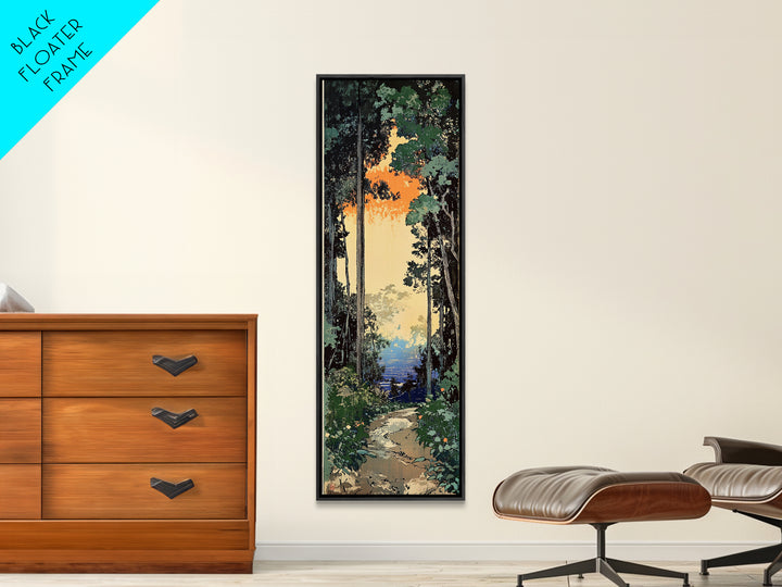 Sunlit Forest Path To Blue Water Wall Art, Japanese Nature Canvas Print, Green Woodland Decor, Calming Landscape Gift Idea